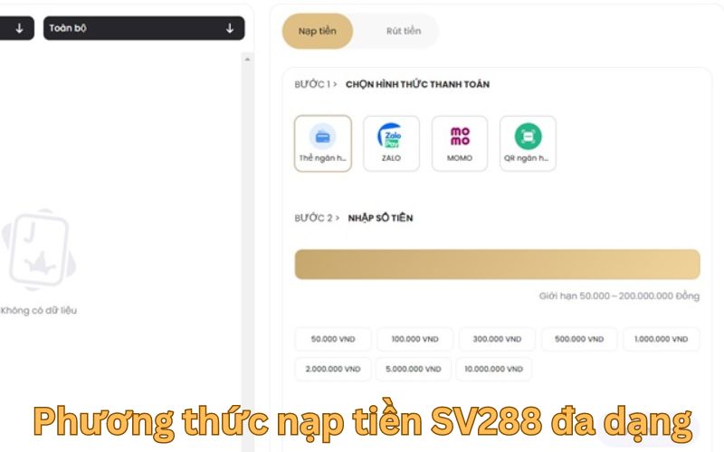 Phương thức nạp tiền SV288 đa dạng